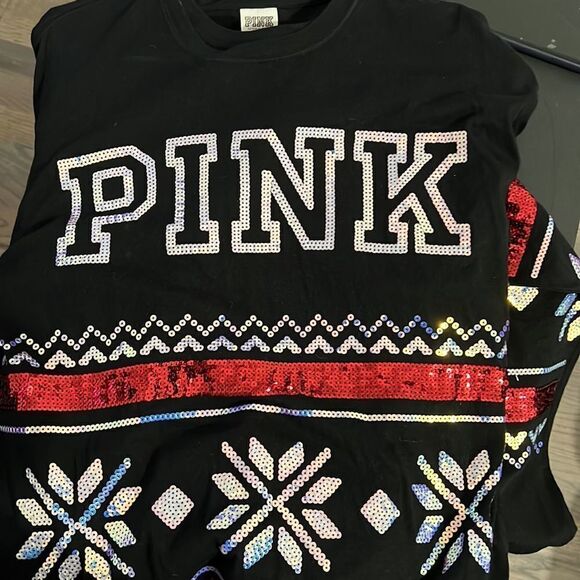 Victoria’s Secret Pink Bling Sequin Christmas Oversized tee shirt black - Picture 6 of 7